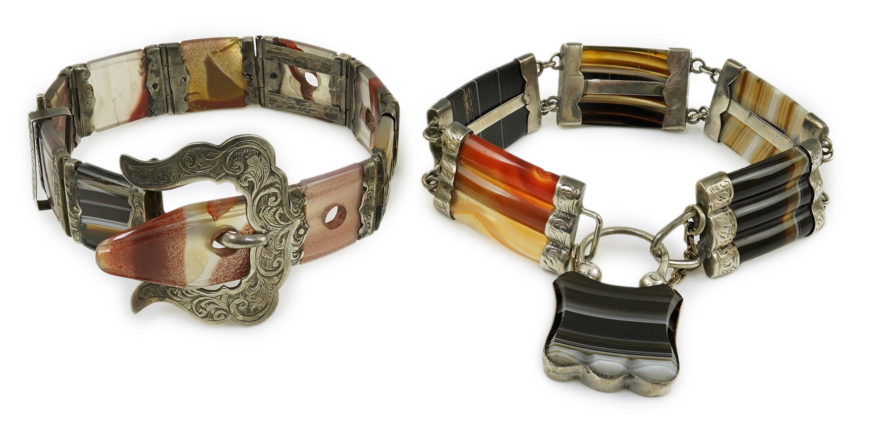 Two late 19th century Scottish silver and agate set bracelets